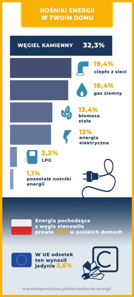 Infografika przedstawiająca nośniki energii elektrycznej w polskich gospodarstwach domowych w 2019 roku.

Na pierwszej pozycji węgiel kamienny z 32,3%,