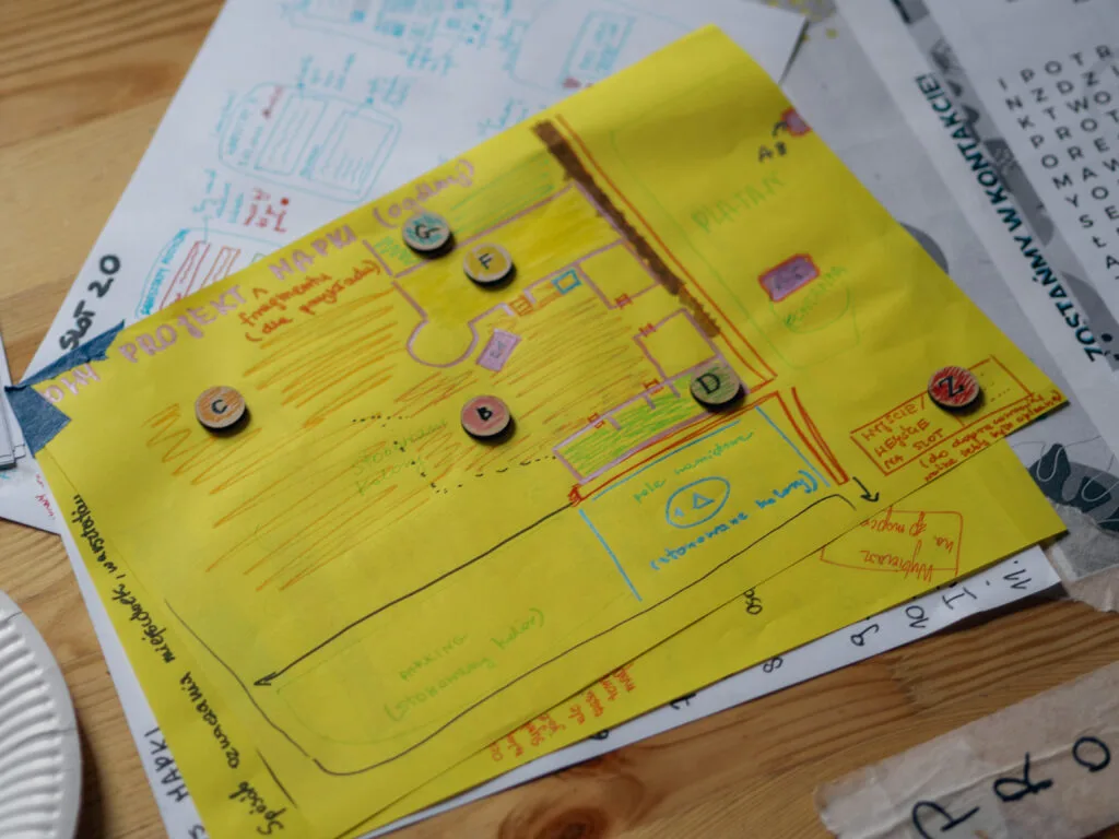 Prototypy pomysłów z materiałów kreatywnych: oznaczenia warsztatów na mapce Slotu, poprawki w aplikacji.
