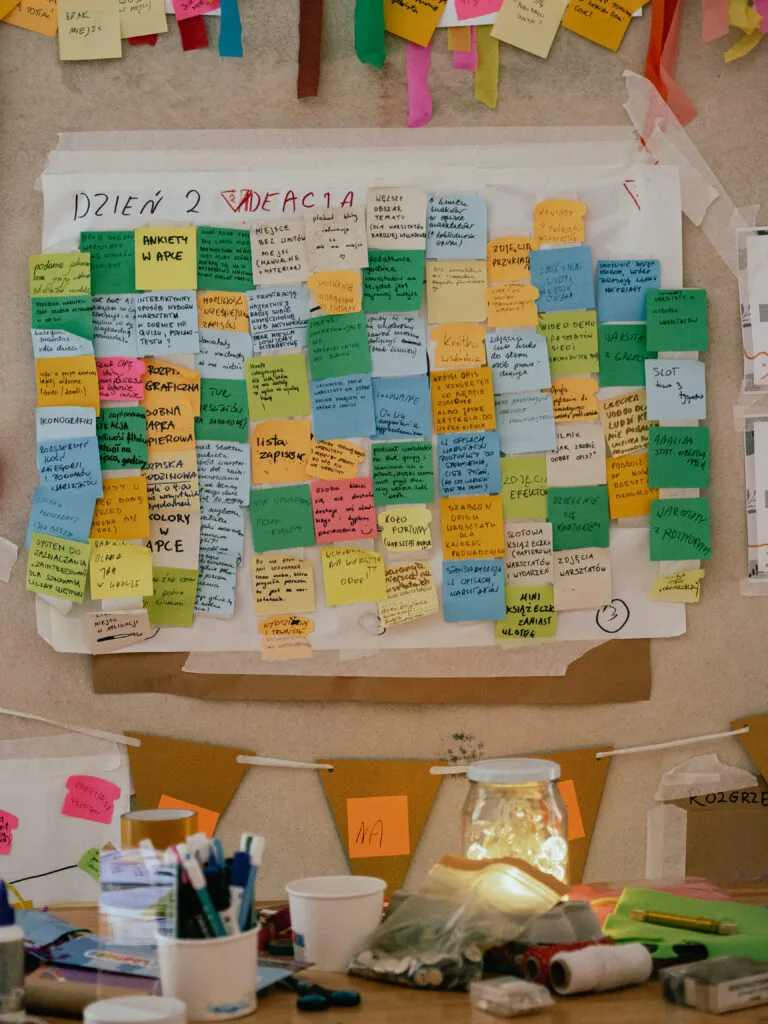 Tablica o tytule "Ideacja", pełna ręcznie zapisanych, kolorowych karteczek.