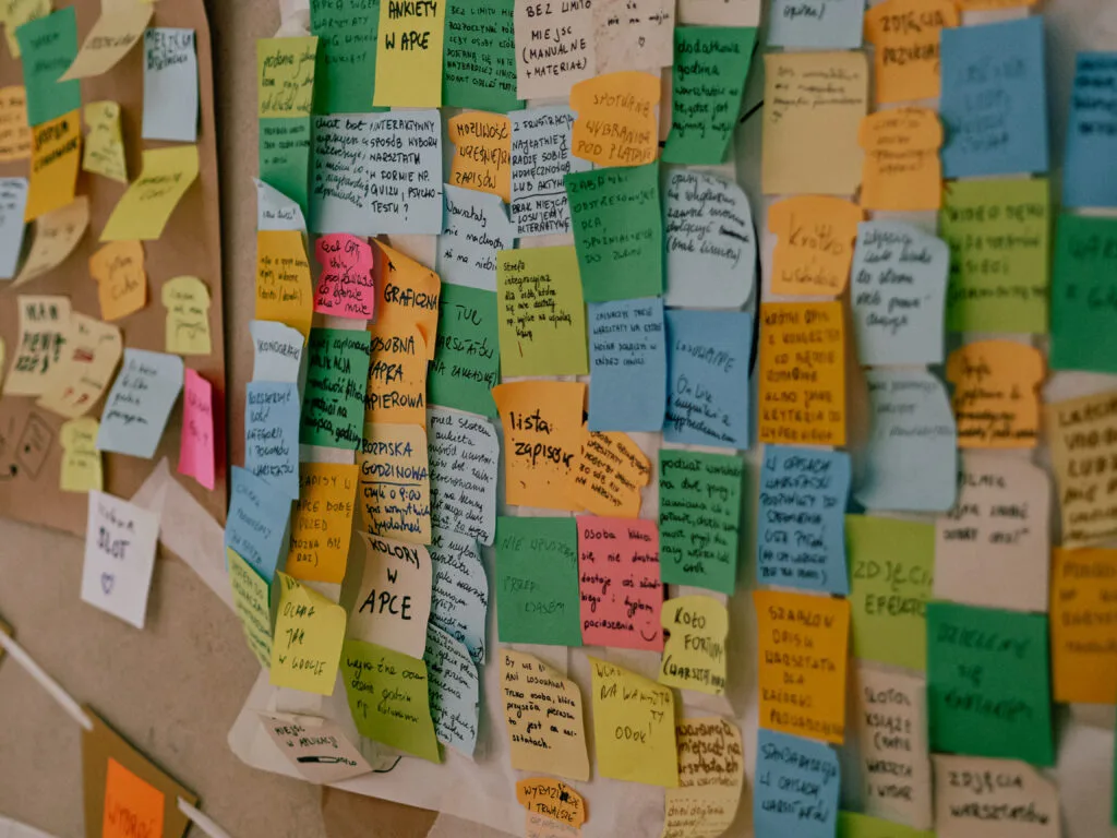 Tablica z dużą liczbą zapisanych uporządkowanych karteczek.