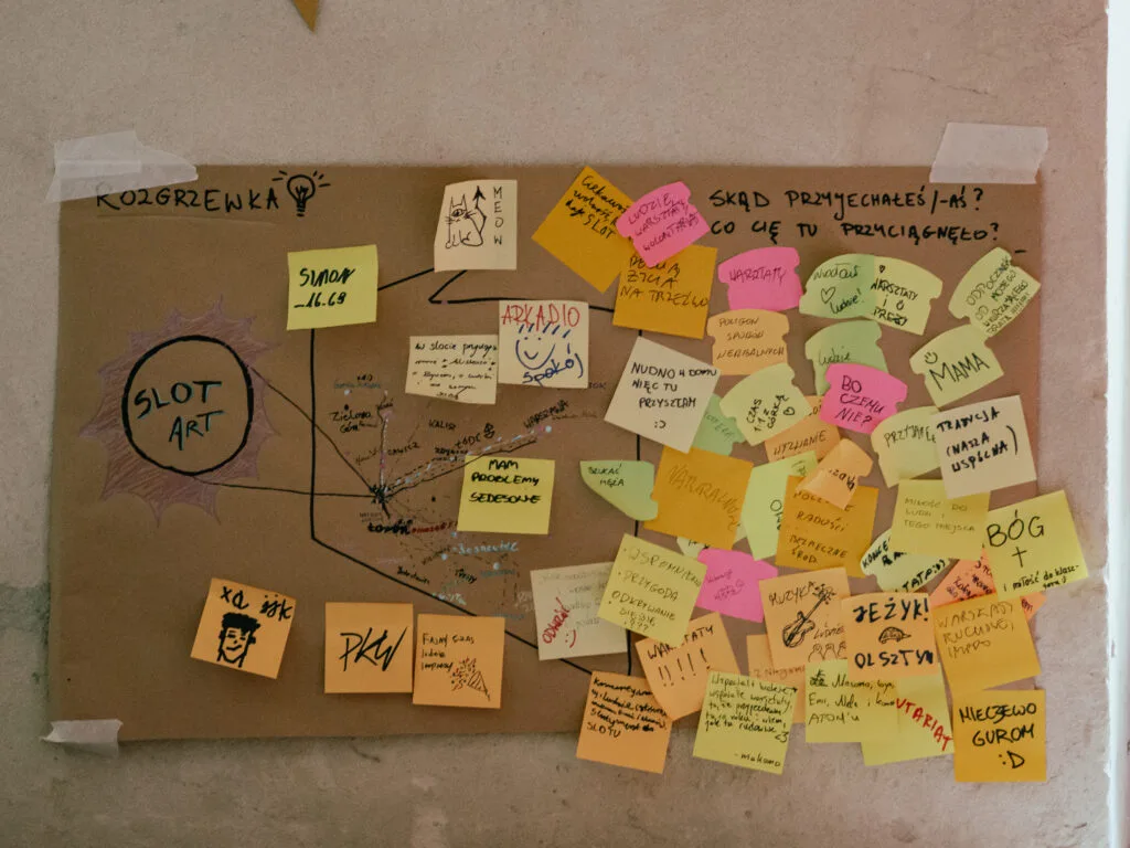 Tablica z rozgrzewką kreatywną - po lewej stronie kontury mapy polski z zaznaczonymi punktami. Po prawej kolorowe karteczki z powodami co cię tu przyciągnęło?